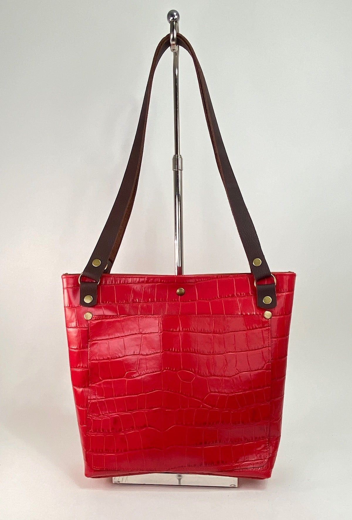 Chili Red Croc Embossed Leather Tote Bag