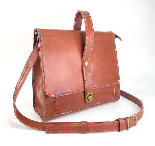 Leather Satchel Handbag in Cognac Brown with Beeswax Corded Thread