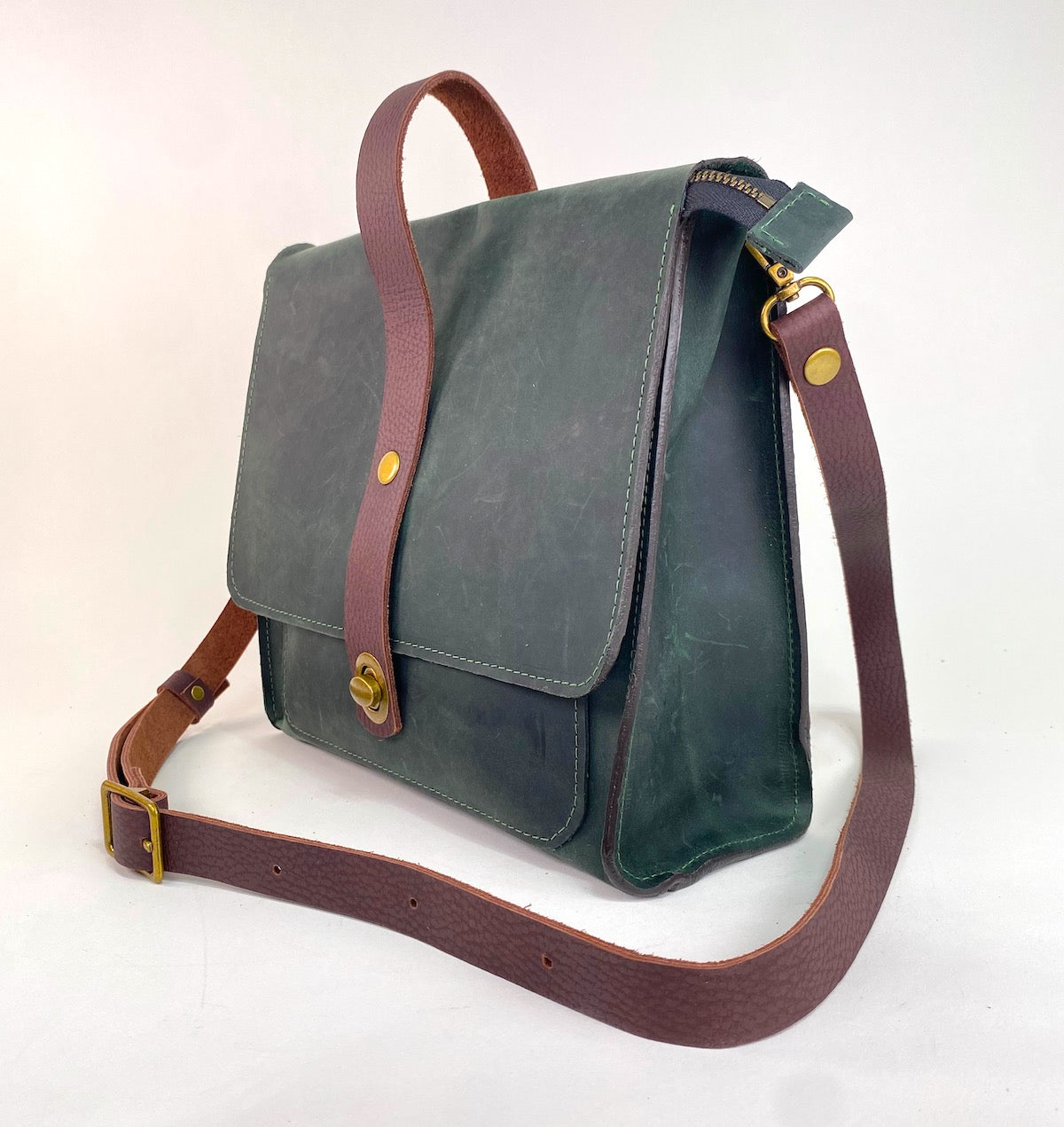 Leather Satchel Purse in Midnight Pine Green