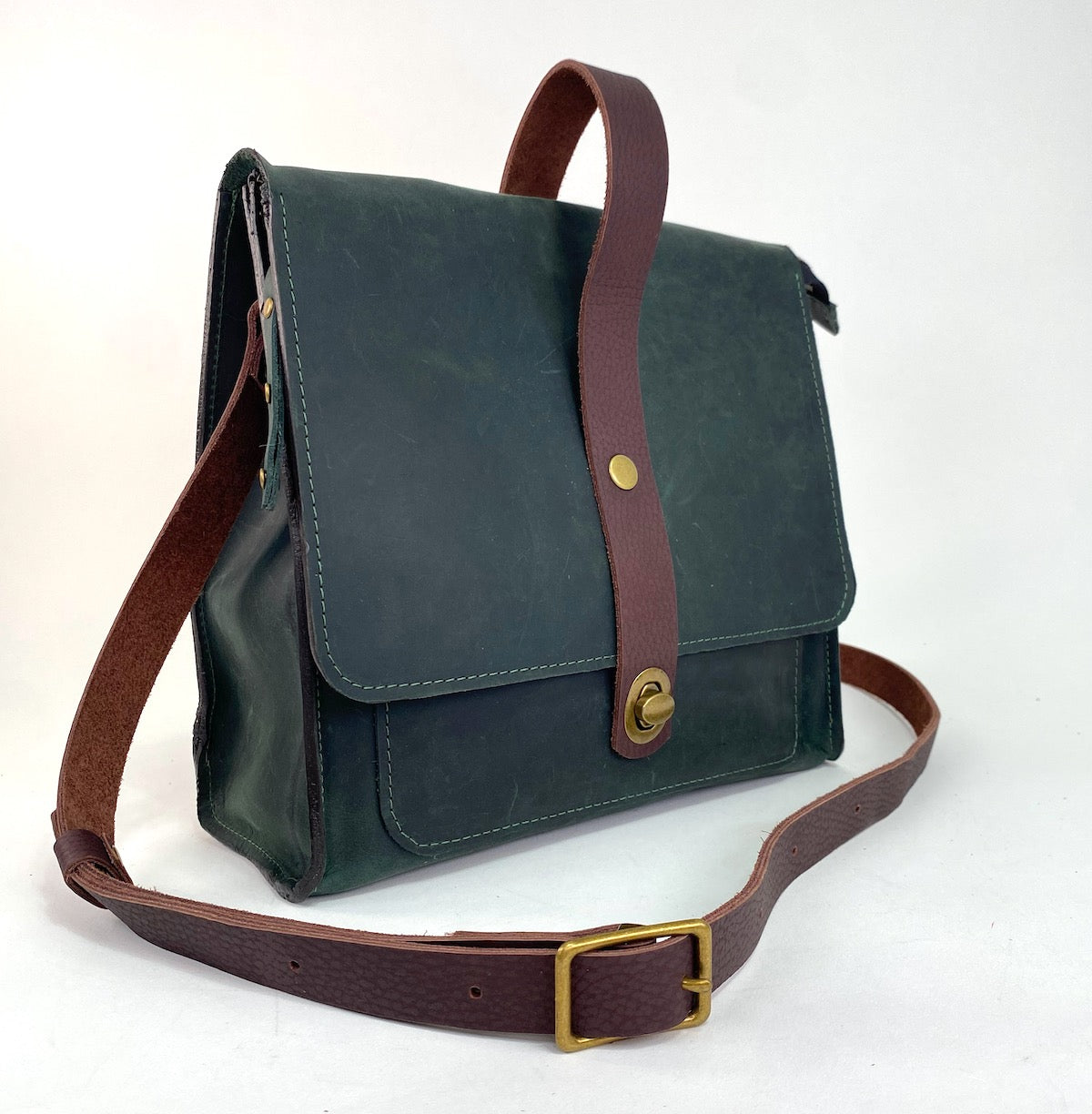 Leather Satchel Purse in Midnight Pine Green