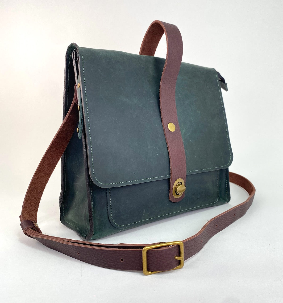 Leather Satchel Purse in Midnight Pine Green