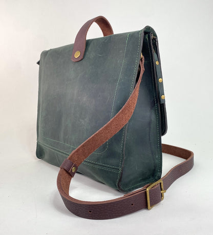 Leather Satchel Purse in Midnight Pine Green