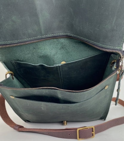 Leather Satchel Purse in Midnight Pine Green