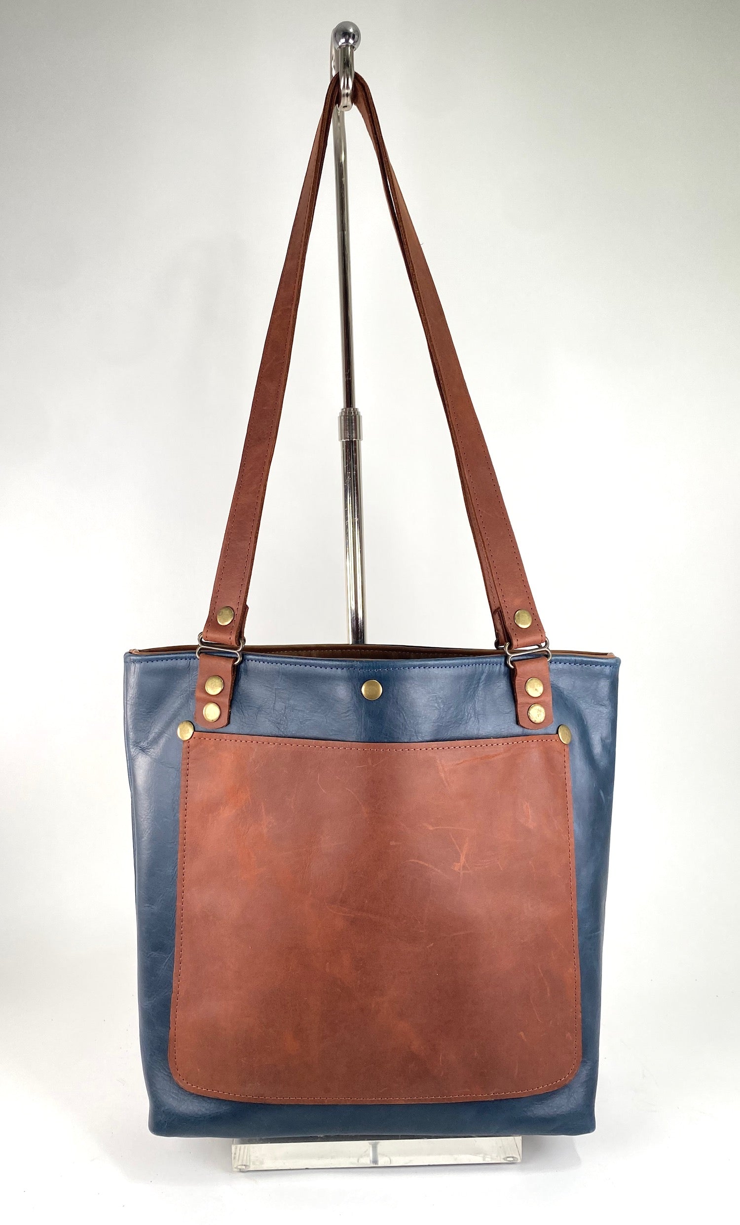 Blue Leather Tote Bag with Brown Accent