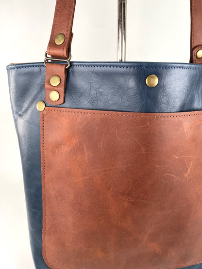 Blue Leather Tote Bag with Brown Accent