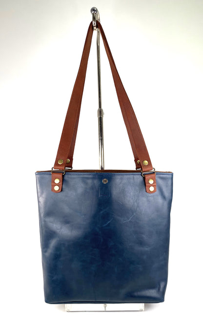 Blue Leather Tote Bag with Brown Accent