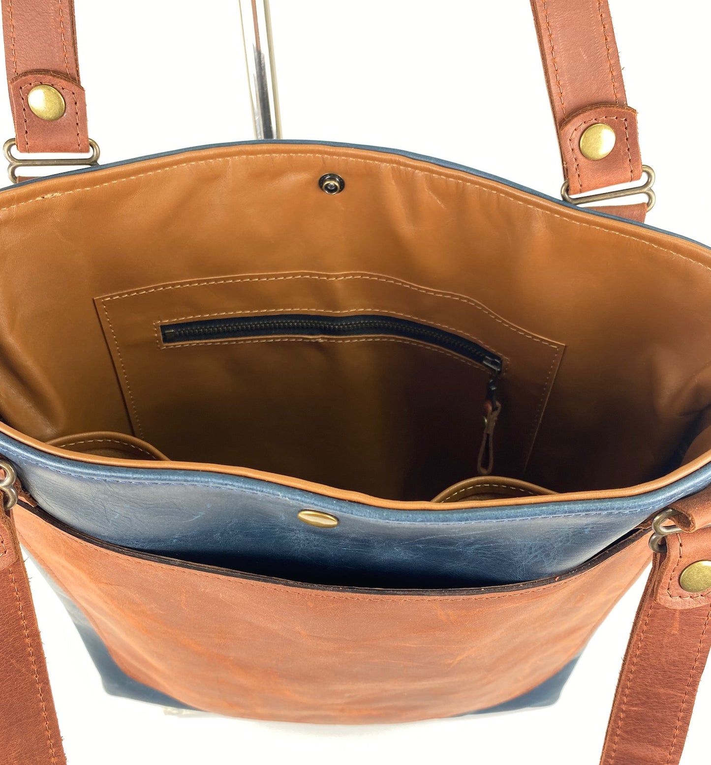 Blue Leather Tote Bag with Brown Accent