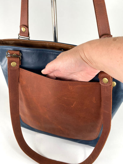 Blue Leather Tote Bag with Brown Accent