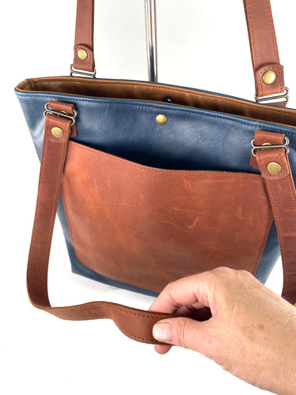 Blue Leather Tote Bag with Brown Accent