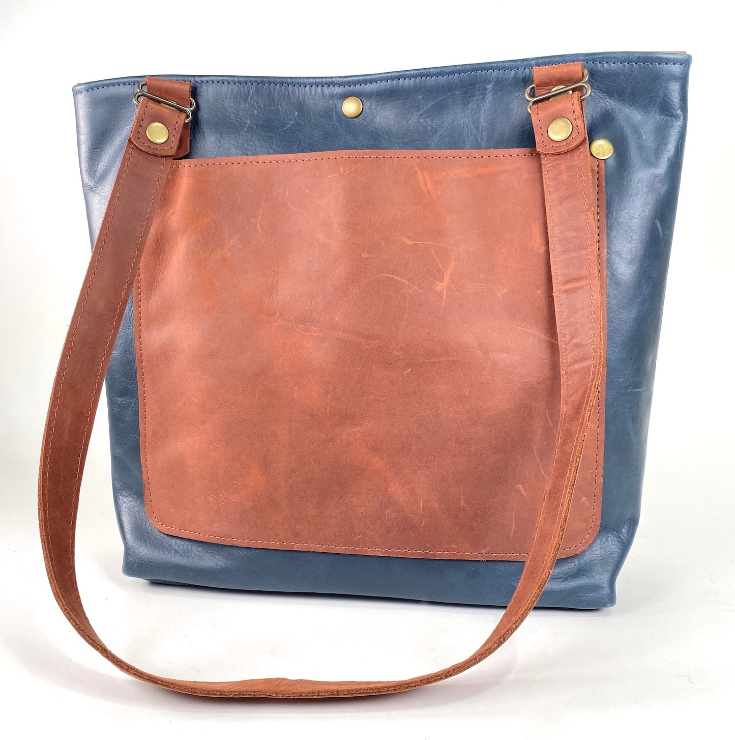 Blue Leather Tote Bag with Brown Accent