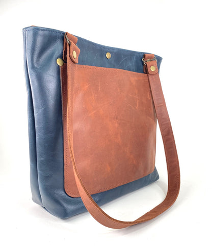 Blue Leather Tote Bag with Brown Accent