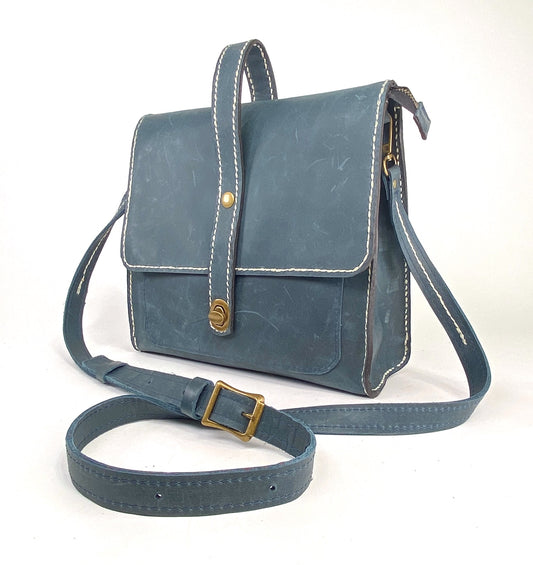 Navy Blue Leather Satchel Hand Stitched