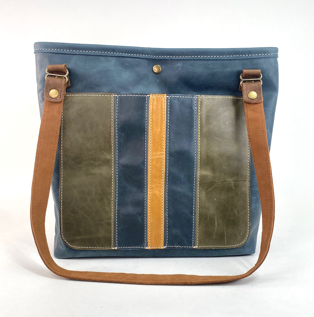 Navy Stripe Leather Tote Bag