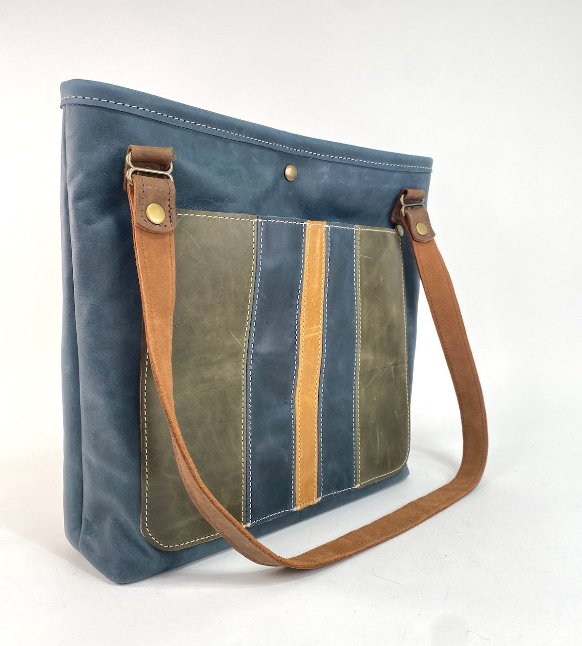 Navy Stripe Leather Tote Bag