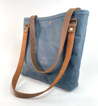 Navy Stripe Leather Tote Bag