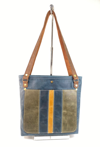 Navy Stripe Leather Tote Bag