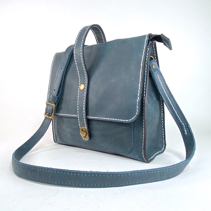 Navy Blue Leather Satchel with White Top Stitch Detail