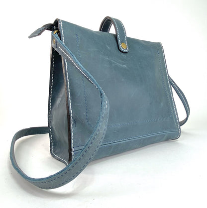 Navy Blue Leather Satchel with White Top Stitch Detail