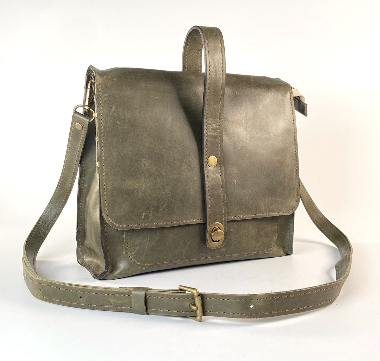 Leather Satchel Purse Hand Stitched in Military Green