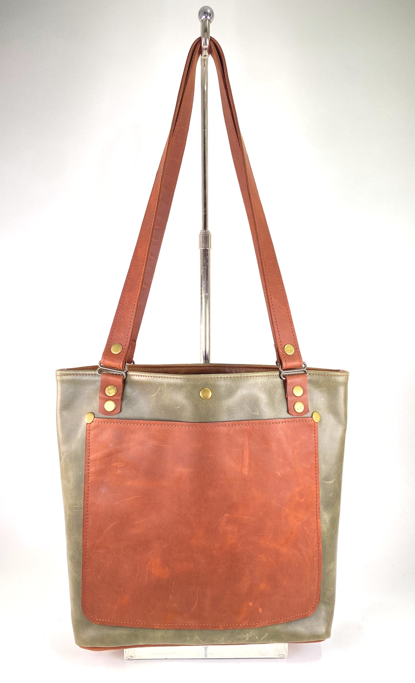 Military Green Leather Tote Bag with Brown Accent