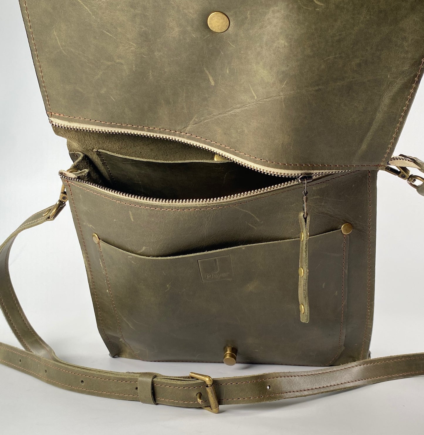 Leather Satchel Purse Hand Stitched in Military Green