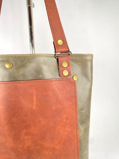 Military Green Leather Tote Bag with Brown Accent