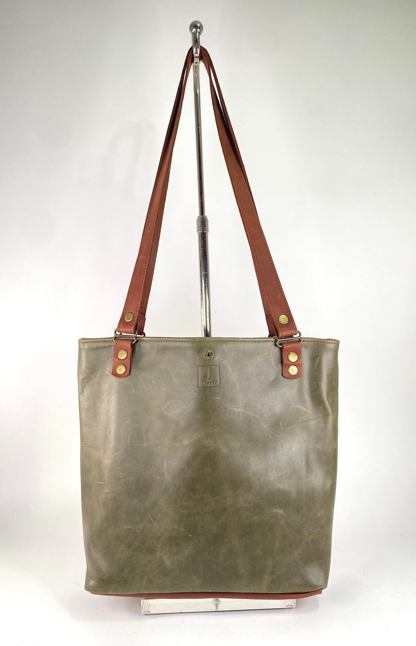 Military Green Leather Tote Bag with Brown Accent