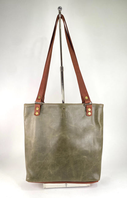 Military Green Leather Tote Bag with Brown Accent