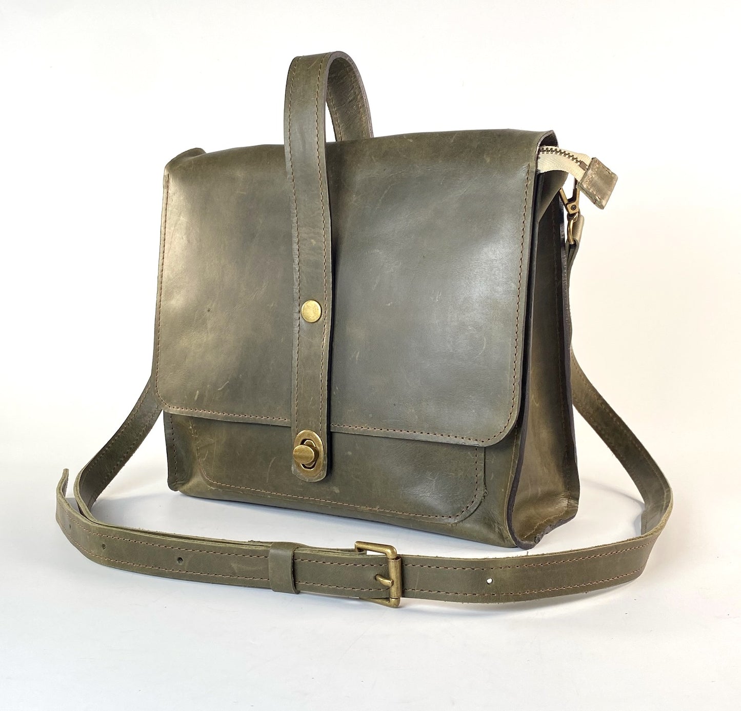 Leather Satchel Purse Hand Stitched in Military Green