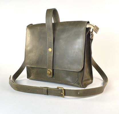 Leather Satchel Purse Hand Stitched in Military Green