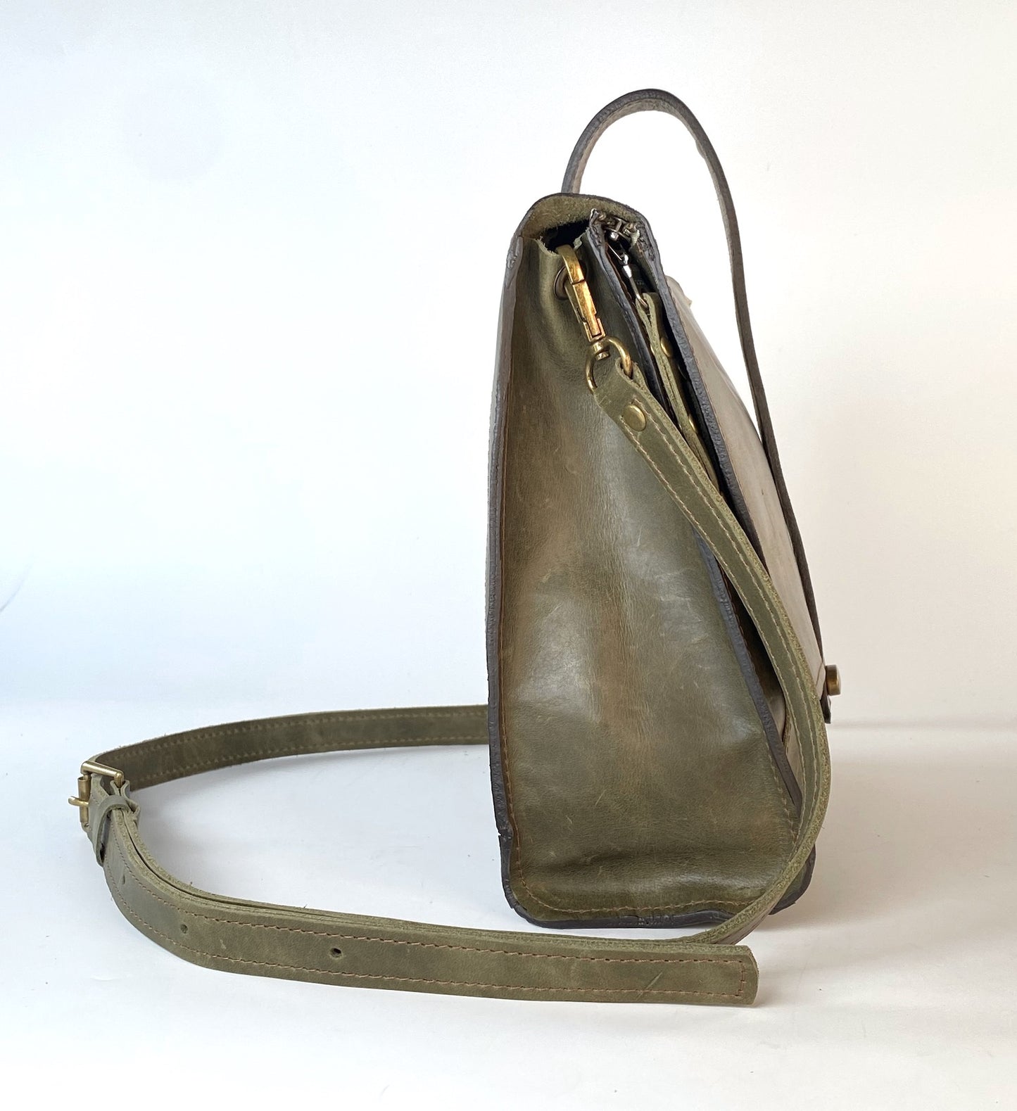 Leather Satchel Purse Hand Stitched in Military Green