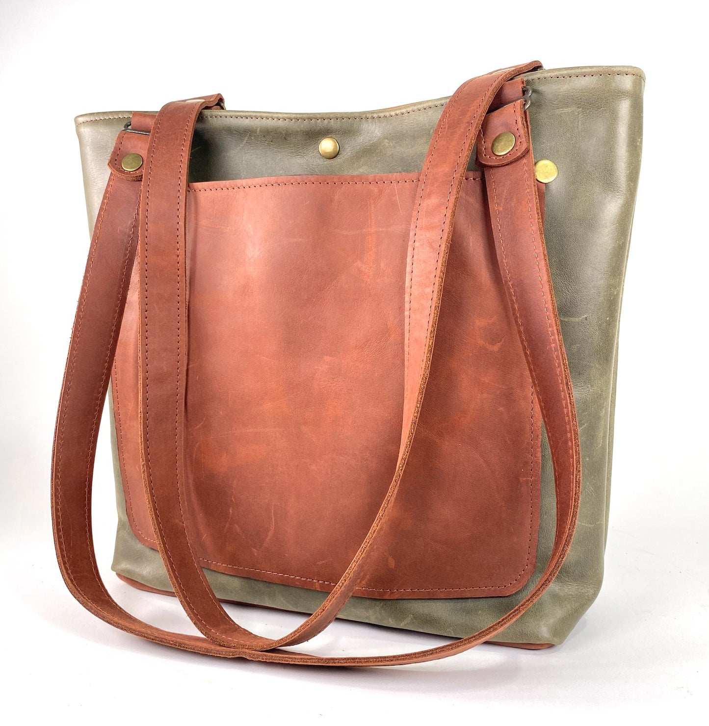 Military Green Leather Tote Bag with Brown Accent