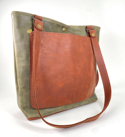 Military Green Leather Tote Bag with Brown Accent