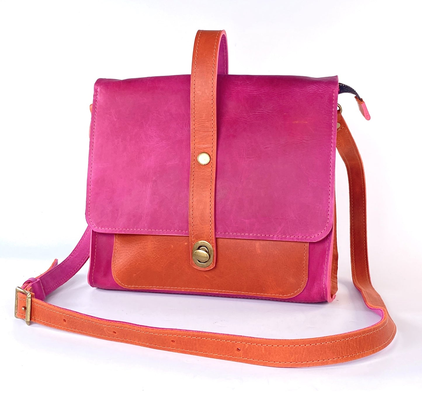 Leather Satchel Purse in Pink with Orange