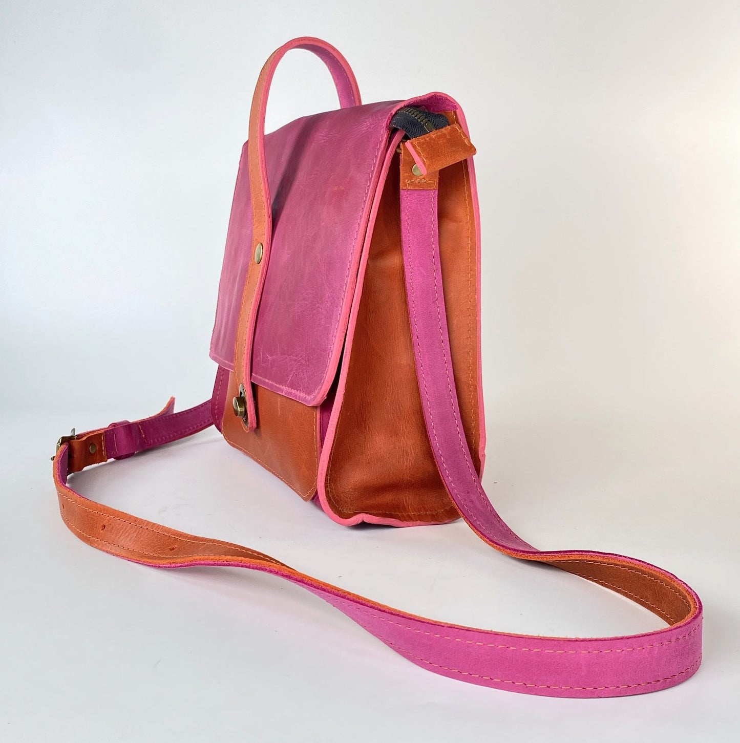 Leather Satchel Purse in Pink with Orange