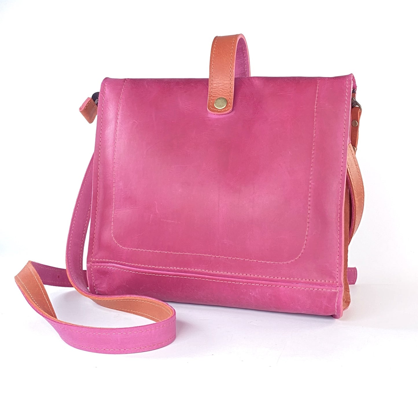 Leather Satchel Purse in Pink with Orange