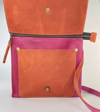 Leather Satchel Purse in Pink with Orange