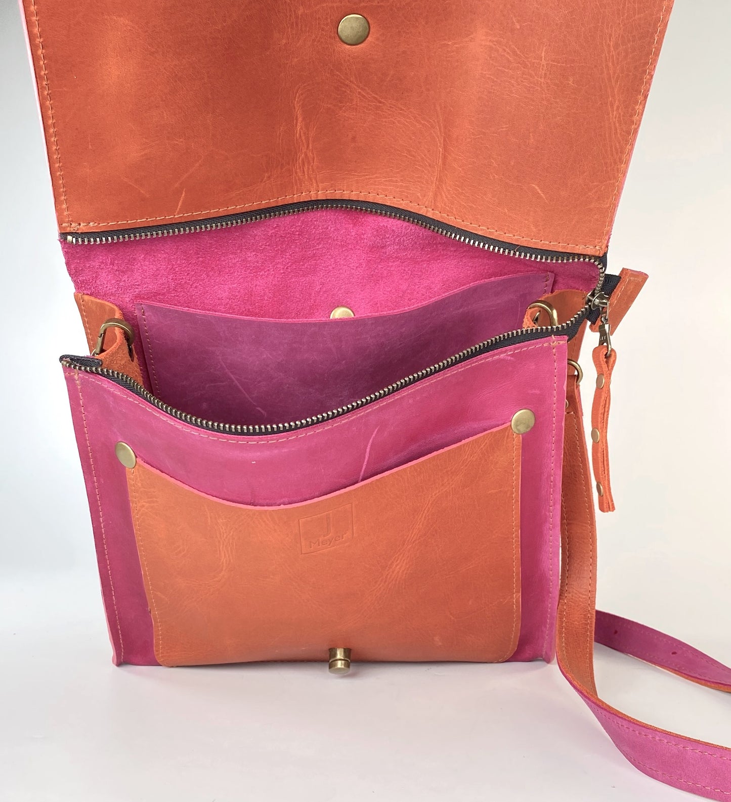 Leather Satchel Purse in Pink with Orange