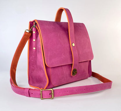 Leather Satchel Purse in Pink with Orange Trim