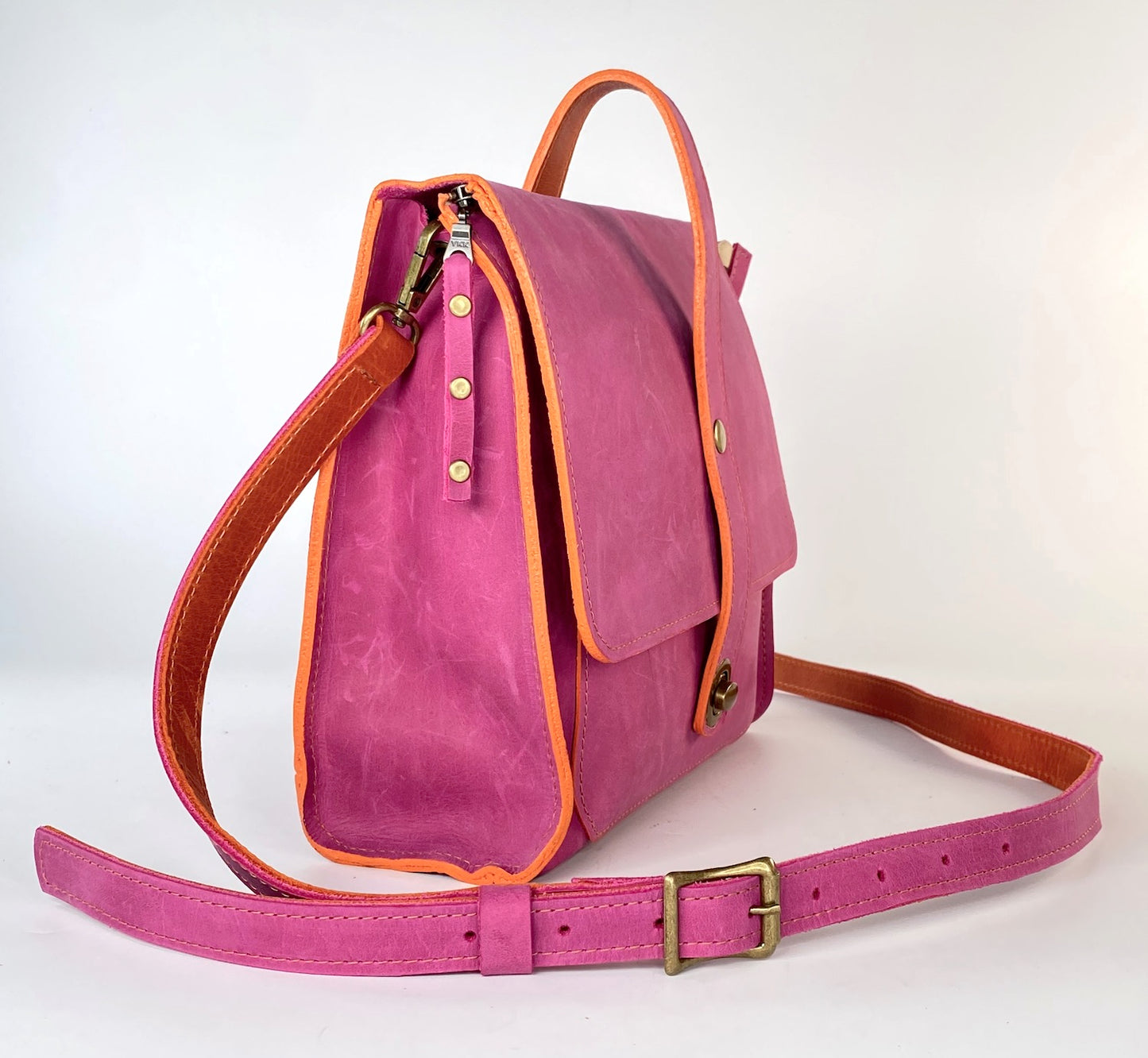 Leather Satchel Purse in Pink with Orange Trim