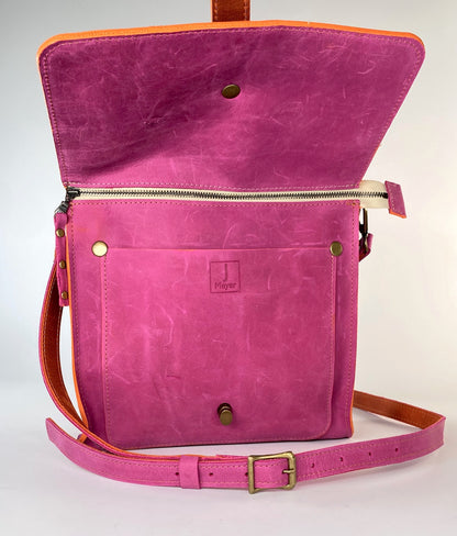 Leather Satchel Purse in Pink with Orange Trim