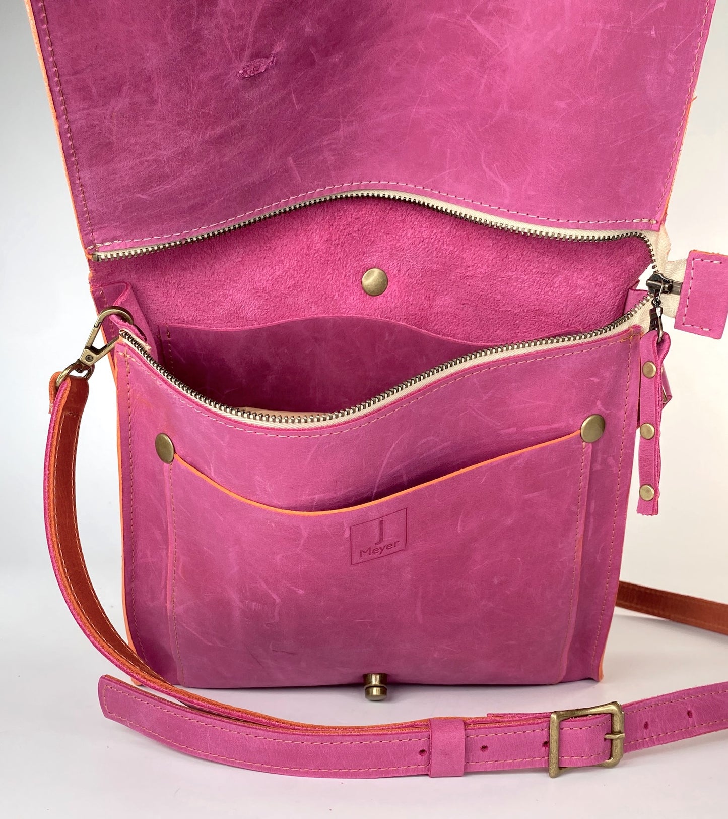 Leather Satchel Purse in Pink with Orange Trim