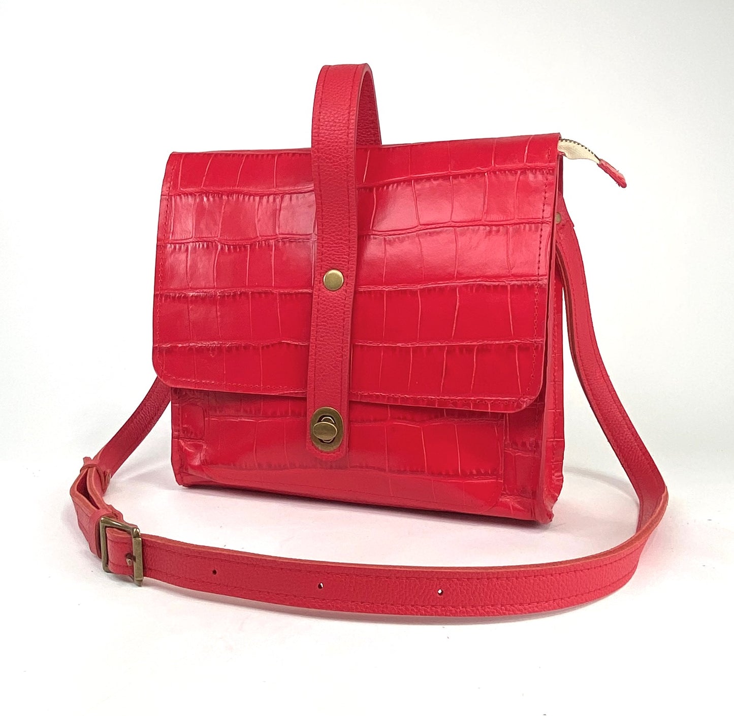 Leather Satchel Purse in Chili Red Croc Embossed