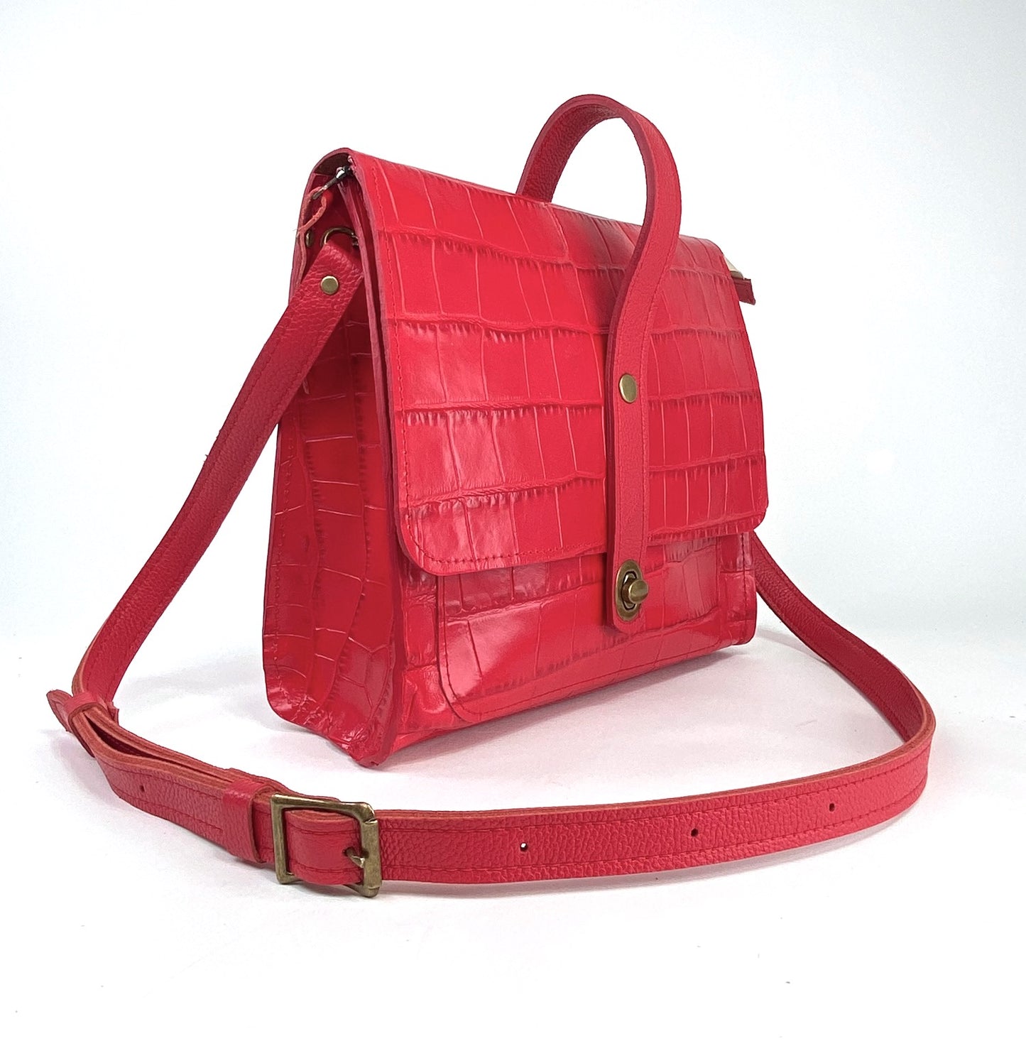 Leather Satchel Purse in Chili Red Croc Embossed