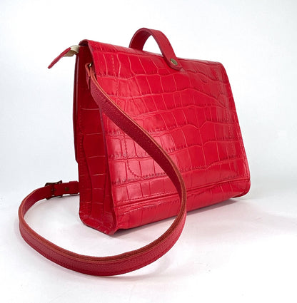 Leather Satchel Purse in Chili Red Croc Embossed