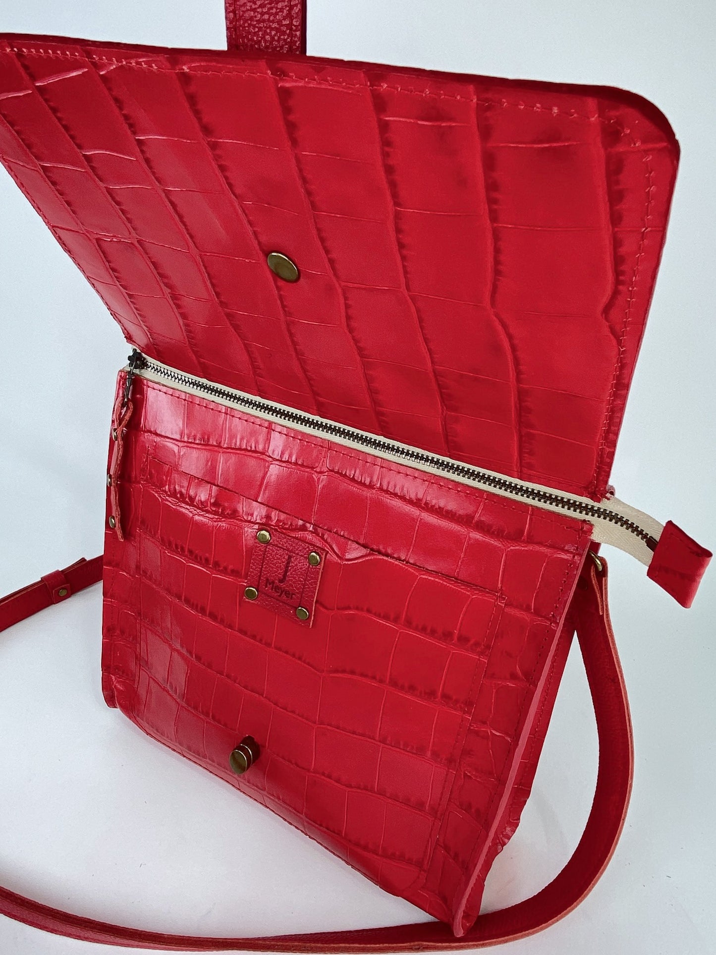 Leather Satchel Purse in Chili Red Croc Embossed