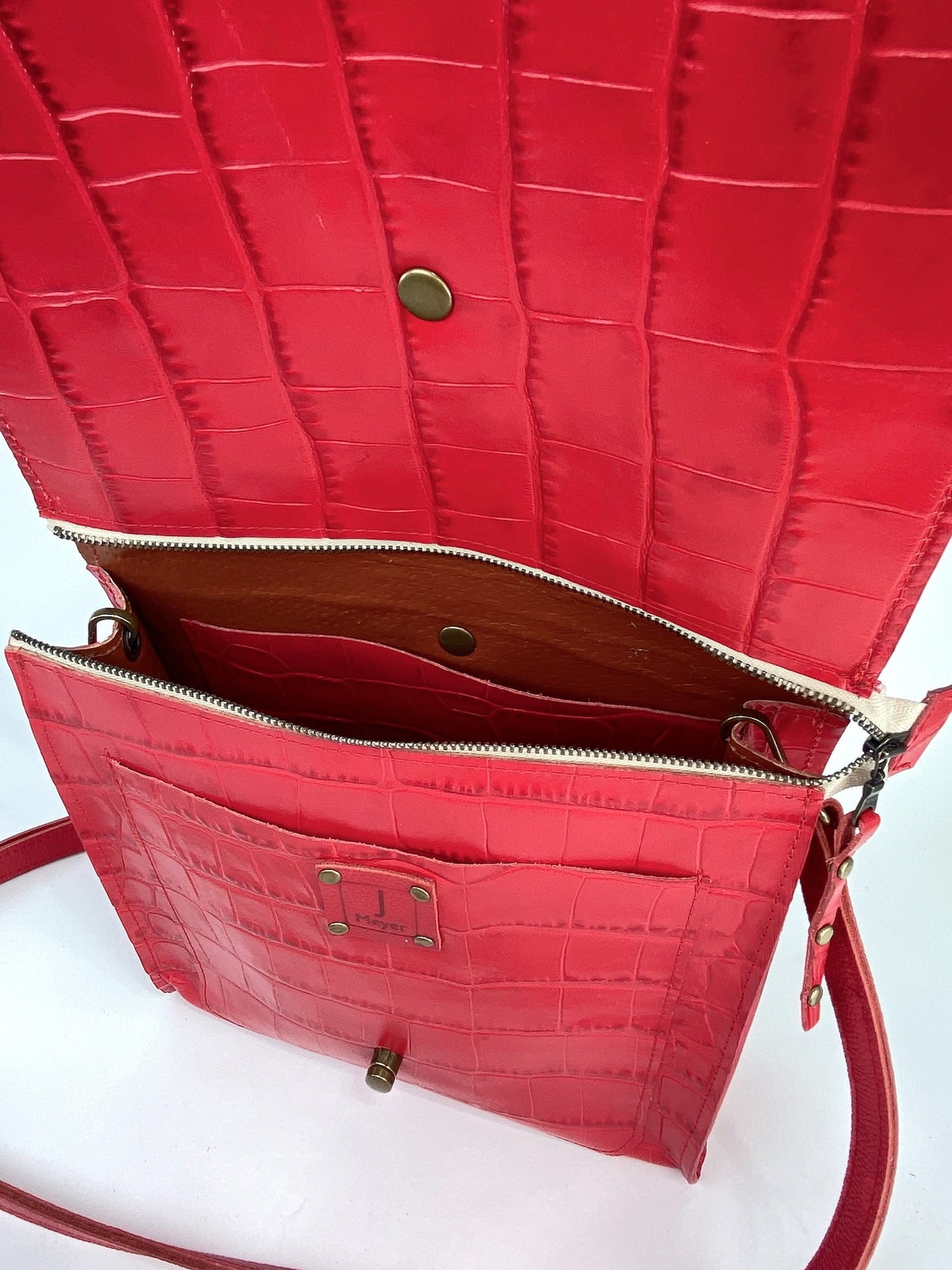 Leather Satchel Purse in Chili Red Croc Embossed