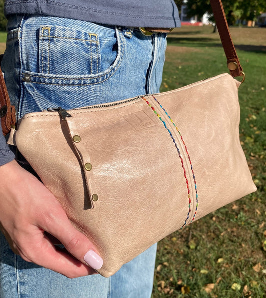 Tagalong Purse in Buff with Rainbow Thread Detail