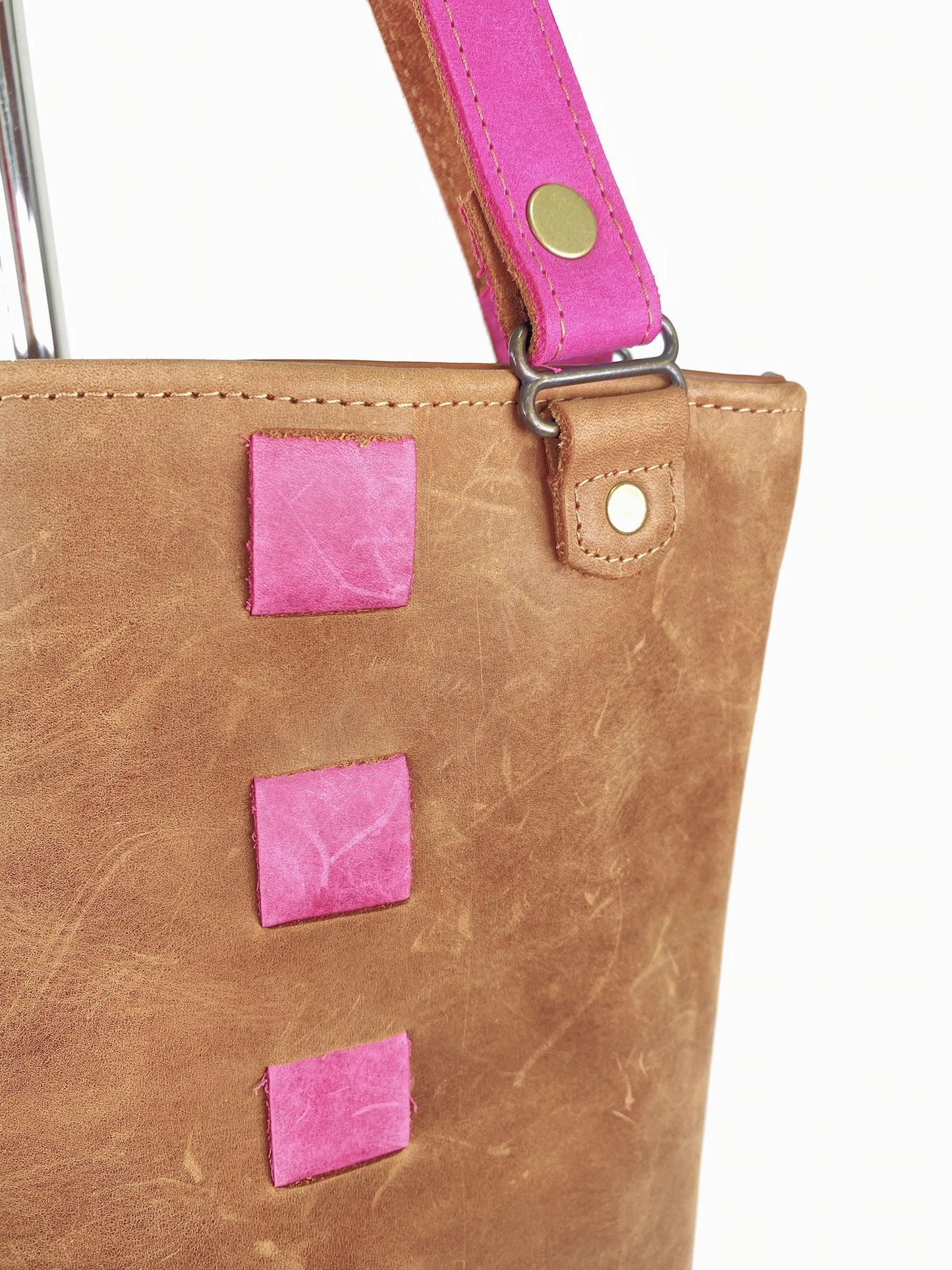 Leather Tote Bag in Tan with Hot Pink Accent