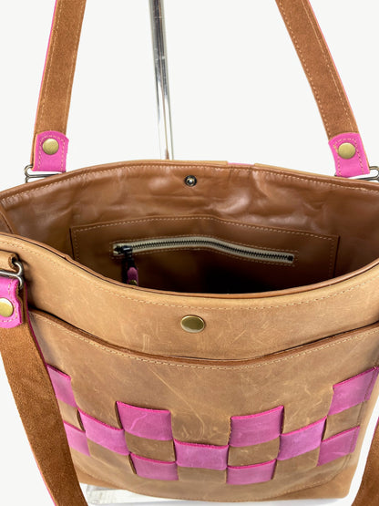 Leather Tote Bag in Tan with Hot Pink Accent